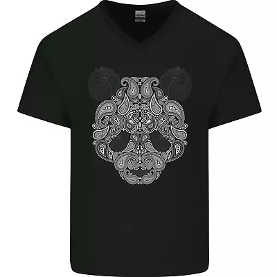 Paisley Panda Bear Mens V-Neck Cotton T-Shirt • £8.99