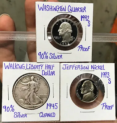 Coins: Silver Cleaned Walking Liberty Half Dollar + Silver Quarter Proof Nickel • $21.15