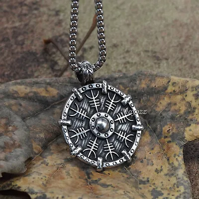 Mens Norse Viking Rune Vegvisir Compass Pendant Necklace Stainless Steel Gift • $7.99