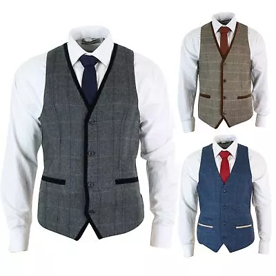 Mens Herringbone Tweed Vintage Check Waistcoat Velvet Trim Blue Brown Grey • $38.90