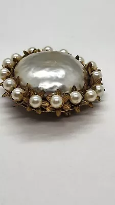 Miriam Haskell Vintage Large Baroque Pearl Brooch Pin Gold Tone Metal Tiny Mark • $75