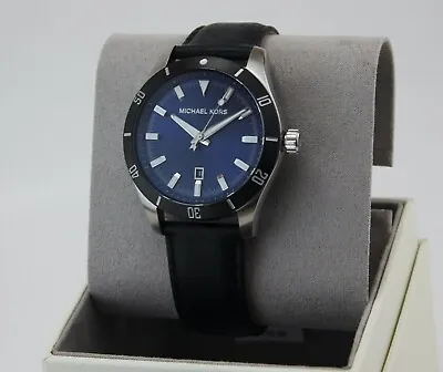 Michael Kors Men's Layton Blue Dial Date Black Leather Strap Watch NIB MK8854 • $79.49