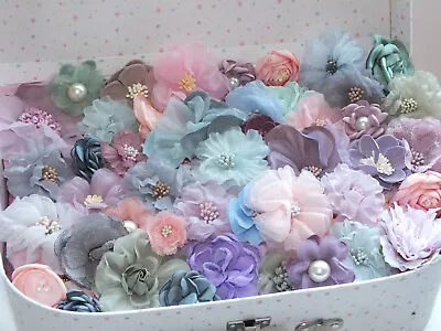 Shabby Chic Pastel Faux Silk Satin Fabric Flowers For Craft Hair Bows Sew-Glue • £5.99