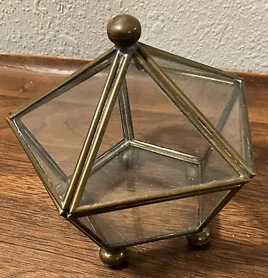 Vintage Glass Brass Hinged Lid Trinket Jewelry Display Box Pentagon Terrarium • $25