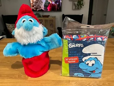 Rare Vintage Smurfs 1981 Papa Smurf Hand Puppet Plush Toy & Inflatable Hammer • $20