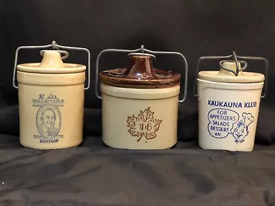 Set Of 3 Vtg. Crocks Cheese/Butter Crock Pottery With Wire Clamps And Lids • $35