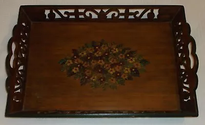 Vintage Hand Painted Floral Motif Carved Wood Tray • $15