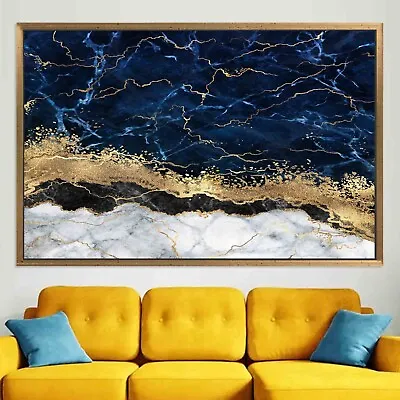 Blue Gold Marble Canvas  Luxury Wall Art Canvas Navy Blue Abstract Wall Decor • $217.50