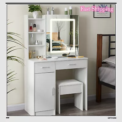 Dressing Table With LED Lights Mirror Stool Drawers Vanity Set Makeup Desk • £148.76