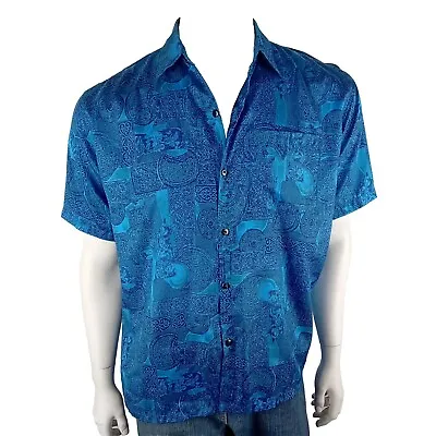 S & T Thai Silk Vintage Mens Size Medium Shirt Blue Abstract Pattern Thailand  • £13.95