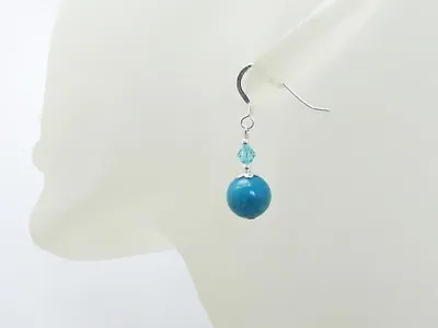 Aqua Blue Impression Jasper Earrings With Sterling Silver & Swarovski Crystals • £13.50