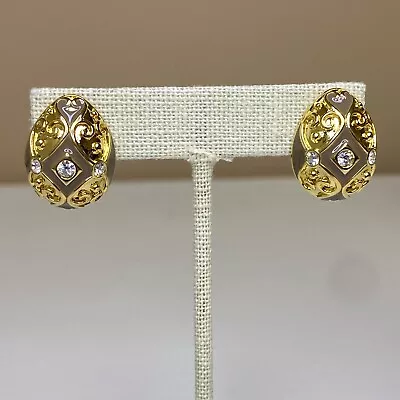 Joan Rivers Taupe Enamel Rhinestone Faberge Egg Gold Dome Stud Pierced Earrings • $23.95