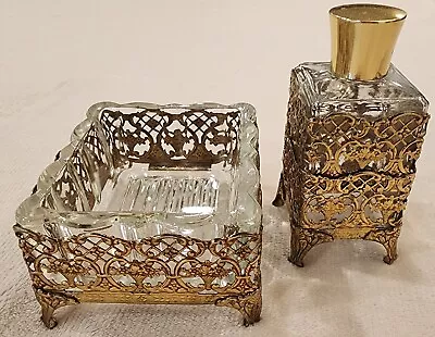 1950s Glass Filigree Vanity Set Of 2 Splash Perfume & Soap Tray Set • $44.94