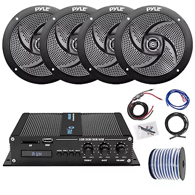 Pyle Marine 4-CH Bluetooth Amplifier W/Kit 4x 6.5  240W Black Speakers Wire • $211.99