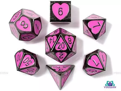 Cupid's Arrow | Pink & Black Heart Design Metal Dice Set (7) | Dungeons And • $23.25