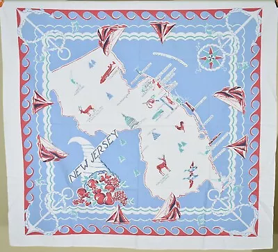 Rare Vintage NEW JERSEY State Map Souvenir Tablecloth Nautical Themes! • $285