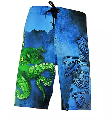 Sea Fear Men's Board Shorts 4-Way Stretch Quick Dry Octopus Design Front • $59.99