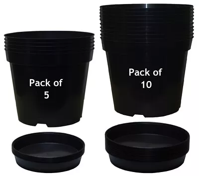 Black Plastic Plant Pots + Saucers Small Flower Planter 3 4 5 7.5 10 12 15 Litre • £10.19