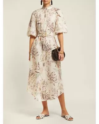 Zimmermann Wayfarer Maxi Shirt Dress Floral  Linen Day Tea Puff Sleeve Size 0 • $449