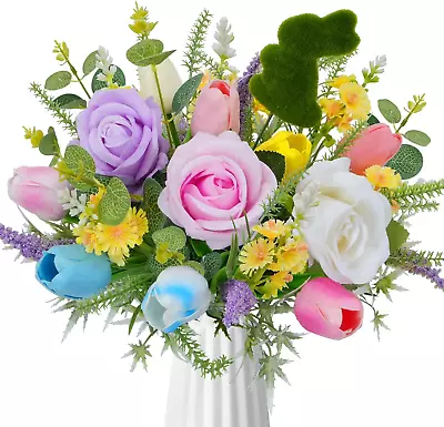 Artificial Spring Flowers With Moss Bunny Figurine Fake PU Tulips And Roses Faux • $37.85