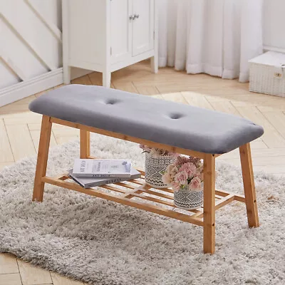 Nordic Wood Bench W Padded Seat Cushion Storage Shelf Change Shoe Stool Bedroom • £42.95