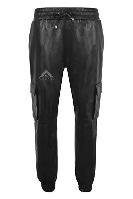 Mens Jogging Bottoms Real Leather Trousers Black Lambskin Casual Cargo Pant 3035 • $108.47