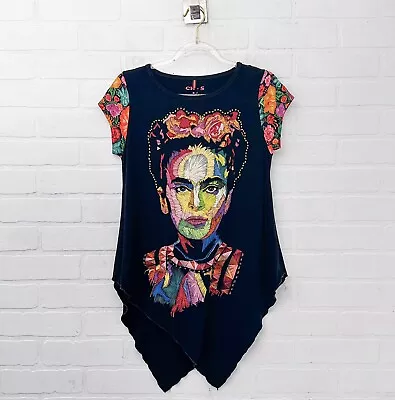 Ay Guey Womens T-Shirt Cap Sleeve Small Frida Kahlo Asymmetrical Black Floral • $22.87