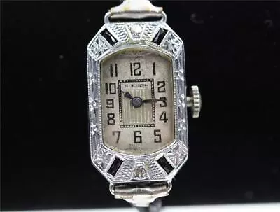 Art Deco Vintage Goering 15j 14k Solid White Gold Diamond & Sapphire Wristwatch • $199.99