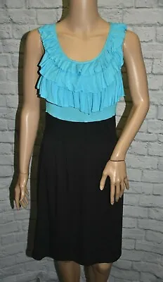 Volume One S Vibrant Blue Ruffle Tiered Colorblock Smocked Pleat Black Dress • $7.99