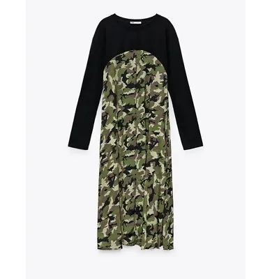 NWT Women ZARA Contrast Camo Long Sleeve Midi Bloggers Fav Dress Small Green • $55.25