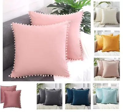 £9.99 • Buy 2 Luxury Soft Velvet Cushion Covers Pom Poms 18 X 18 Pillow Case Home Decor Sofa