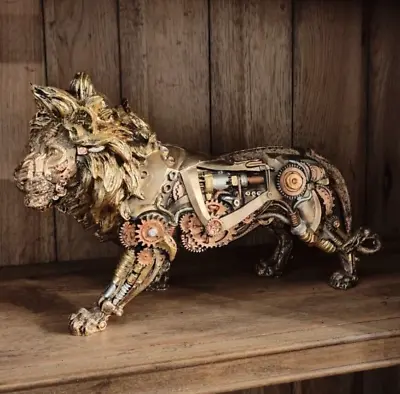 Steampunk Lion Statue Walking Lion Hand Painted Sculpture Resin Figurine 13 L • $88.45