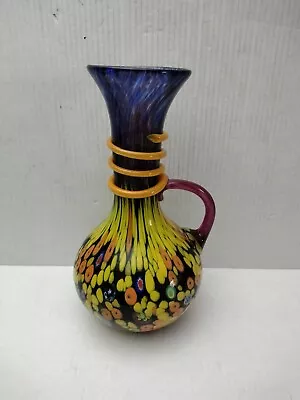 Multi Colored Murano Art Glass Pitcher With Handle Design Coiled Neck Fluted... • $909