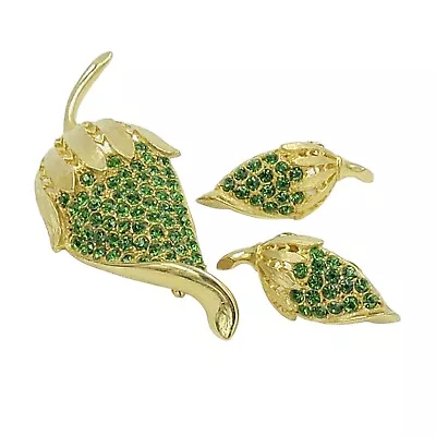 VTG Green Rhinestone Leaf Seed Pod Brooch Earring Set Pave Gold Tone Unsigned • $49.95