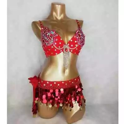 Samba Belly Dance Costume Beaded Sequins Top Bra Hip Scarf Belt 2PCS DancerWear • £115.67