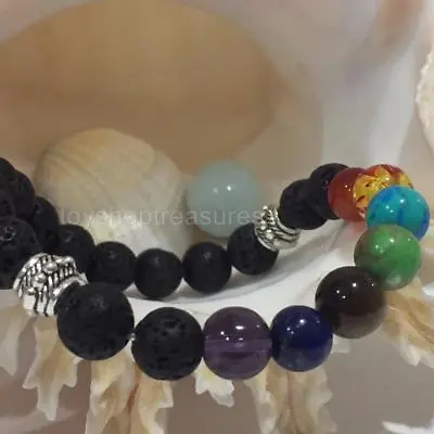 Aromatherapy Essential Oil Diffuser Gemstone Chakra Bracelet Lava Stretch Silver • $8.95