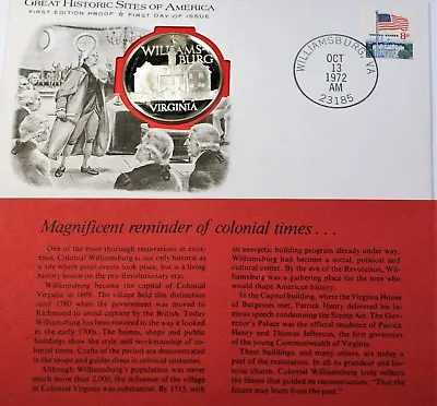 $82.42 • Buy 1972 Williamsburg VA Great Historic Sites Medal Proof Silver First Day Cover