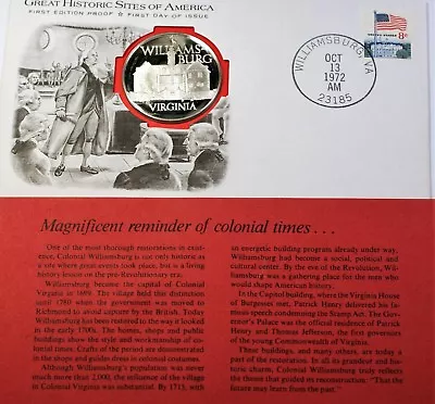 1972 Williamsburg VA Great Historic Sites Medal Proof Silver First Day Cover • $82.42