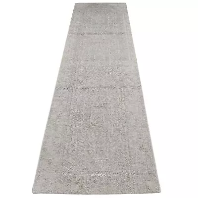 2'5 X12' Gray Fine Jacquard With Hand Loomed Wool And Silk Runner Rug R87306 • $450