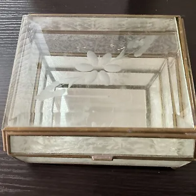 Vintage Rectangular Acid Etched Heavy Beveled Glass Brass Jewelry Box W Mirror • $8.99