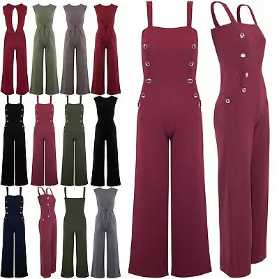 Womens Ladies Wide Strappy Sleeveless Front Button Flared Palazzo Legs Jumpsuit • £3.38