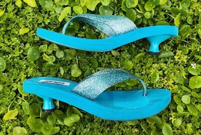 VINTAGE 90's Y2K Steve Madden Teal Glitter Thong Kitten Heel Sandals Women's 7 • $39.95