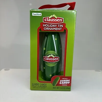 NEW CLAUSSEN Pickle Holiday Pickle Shaped Tin Ornament With Gummy Pickles Inside • $5.99