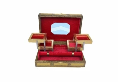 £19.99 • Buy Indian Rustic Gold Embossed Jewellery Box With Cotton Rose Red Interior Velvet