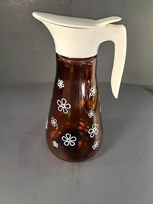 Vintage Syrup Creamer Dispenser Glass Pitcher Bottle Amber Brown Floral 7.5  MCM • $11.50