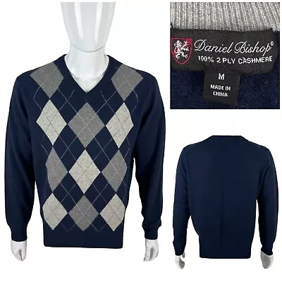 Daniel Bishop Mens Medium Sweater 2 Ply Cashmere Argyle V Neck Pullover Blue EUC • $66.65