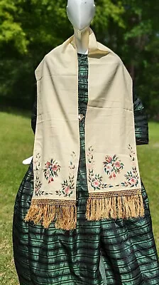 Civil War 1860’s Hand Emb Rose Floral Blonde Wool Stole For Dress W Silk Fringe • $125