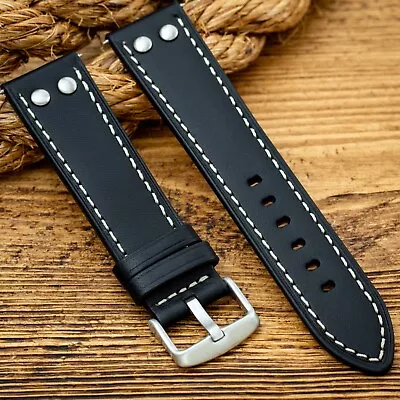 Leather Pilot Rivet Watch Strap - Flieger Aviator Vintage - Black Tan Brown Blue • £19.95