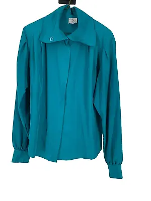 Vintage Eva Blouse Size 9/10 Long Sleeve Button Teal Green Blue Career • $7.98