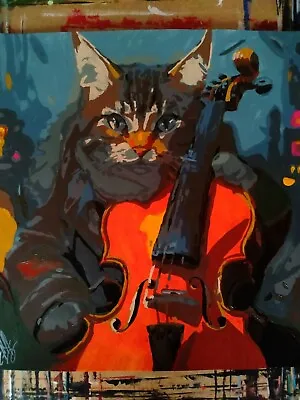 Acrylic Poster Painting Musician Cat With Violin Handmade • $60